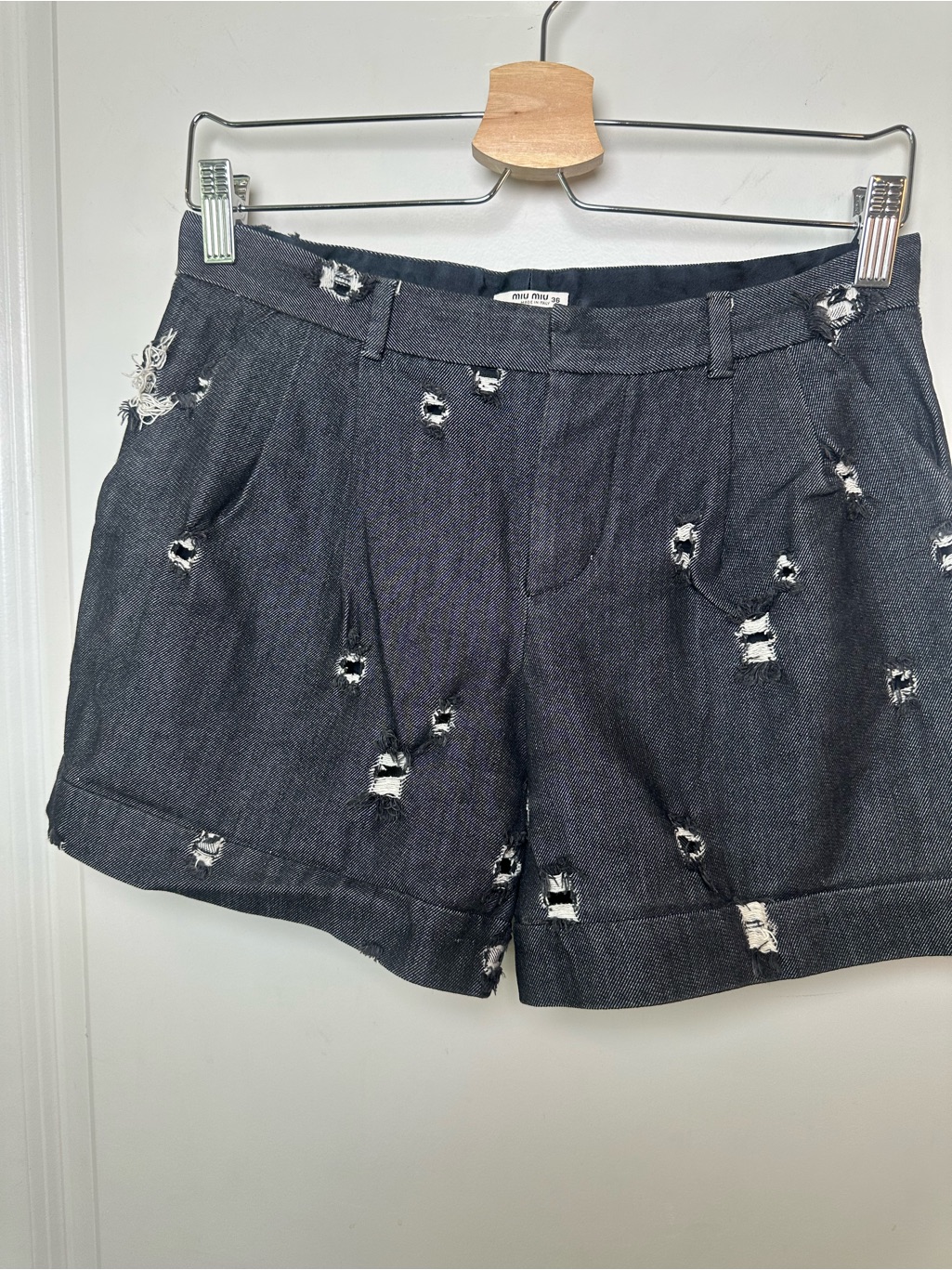 Miu Miu Italian Luxury Dark Denim Intentionally Distress Pleated Trouser Shorts
